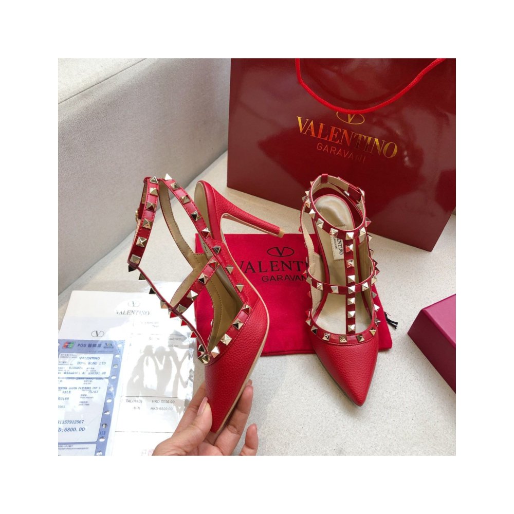 Cheap Reps Valentino Rockstud Ankle Strap Pumps 100mm In Red Calfskin