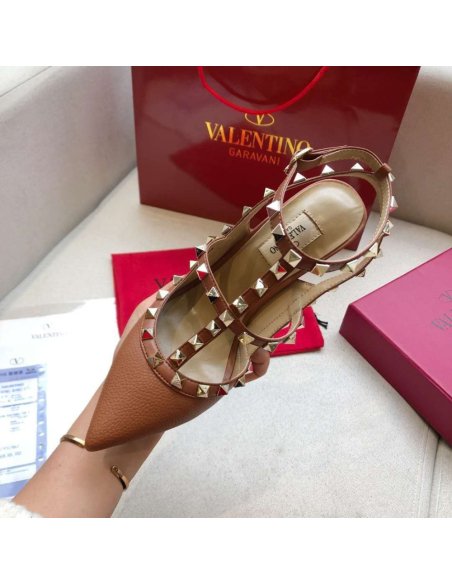 Cheap Reps Valentino Rockstud Ankle Strap Pumps 100mm In Brown Calfskin