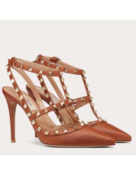 Cheap Reps Valentino Rockstud Ankle Strap Pumps 100mm In Brown Calfskin