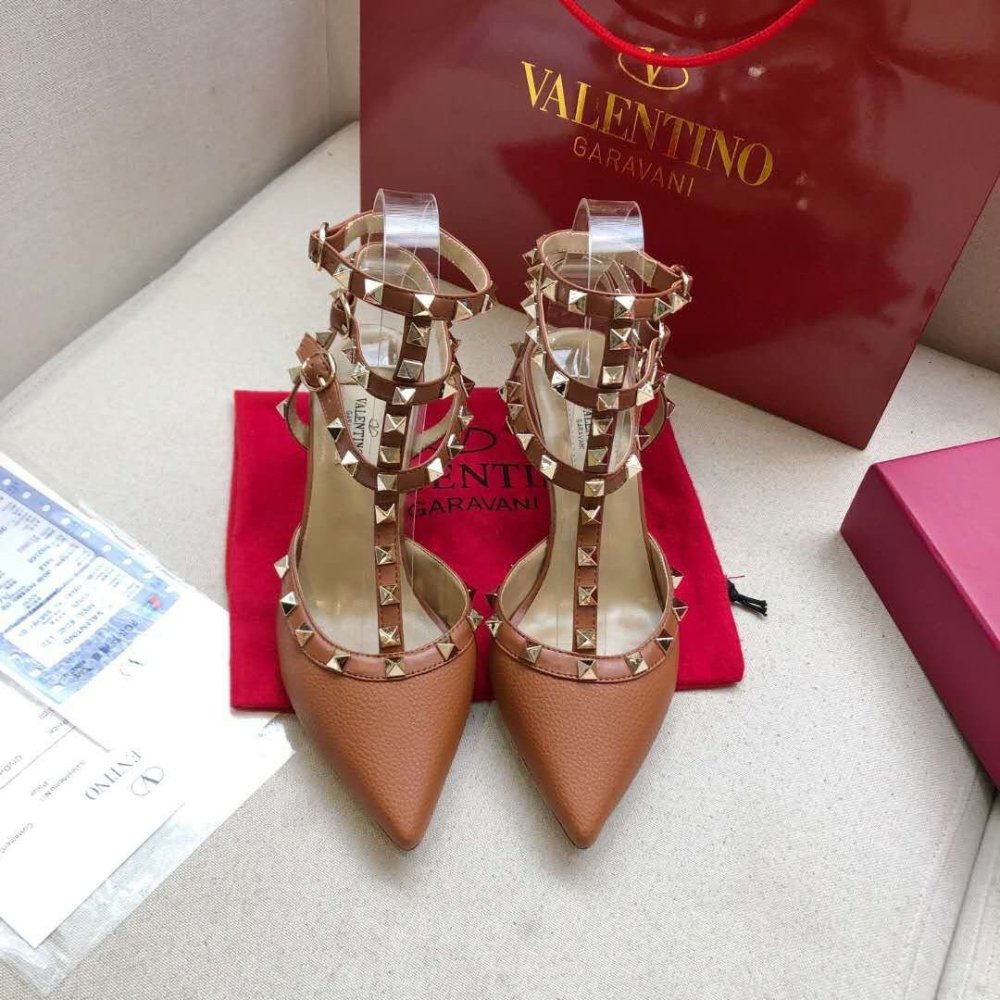 Cheap Reps Valentino Rockstud Ankle Strap Pumps 100mm In Brown Calfskin
