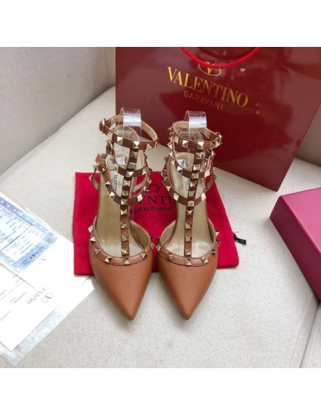 Cheap Reps Valentino Rockstud Ankle Strap Pumps 100mm In Brown Calfskin
