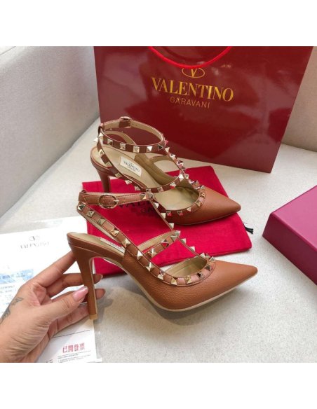 Cheap Reps Valentino Rockstud Ankle Strap Pumps 100mm In Brown Calfskin
