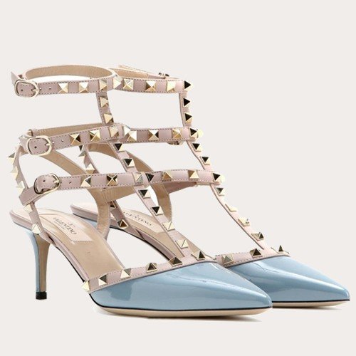 Cheap Reps Valentino Rockstud Caged Pumps 65mm In Blue Patent Leather