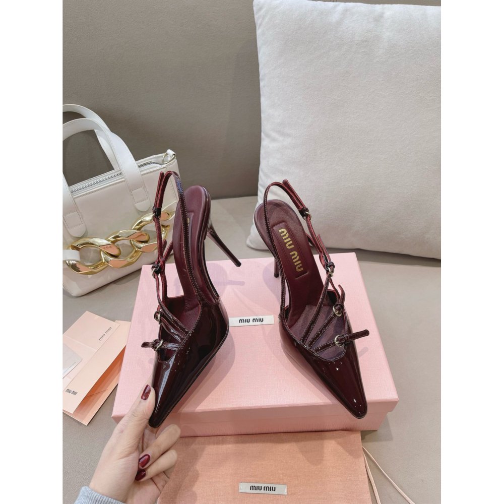 Cheap Reps Miu Miu Slingback Pumps 105mm in Bordeaux Patent Leather with Buckles