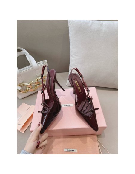 Cheap Reps Miu Miu Slingback Pumps 105mm in Bordeaux Patent Leather with Buckles