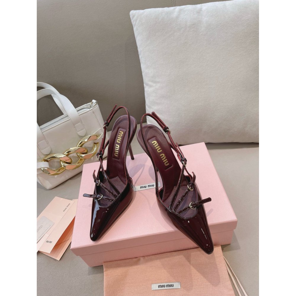 Cheap Reps Miu Miu Slingback Pumps 105mm in Bordeaux Patent Leather with Buckles