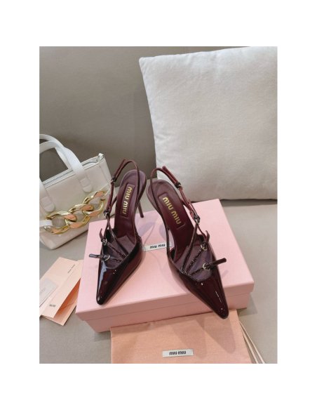 Cheap Reps Miu Miu Slingback Pumps 105mm in Bordeaux Patent Leather with Buckles