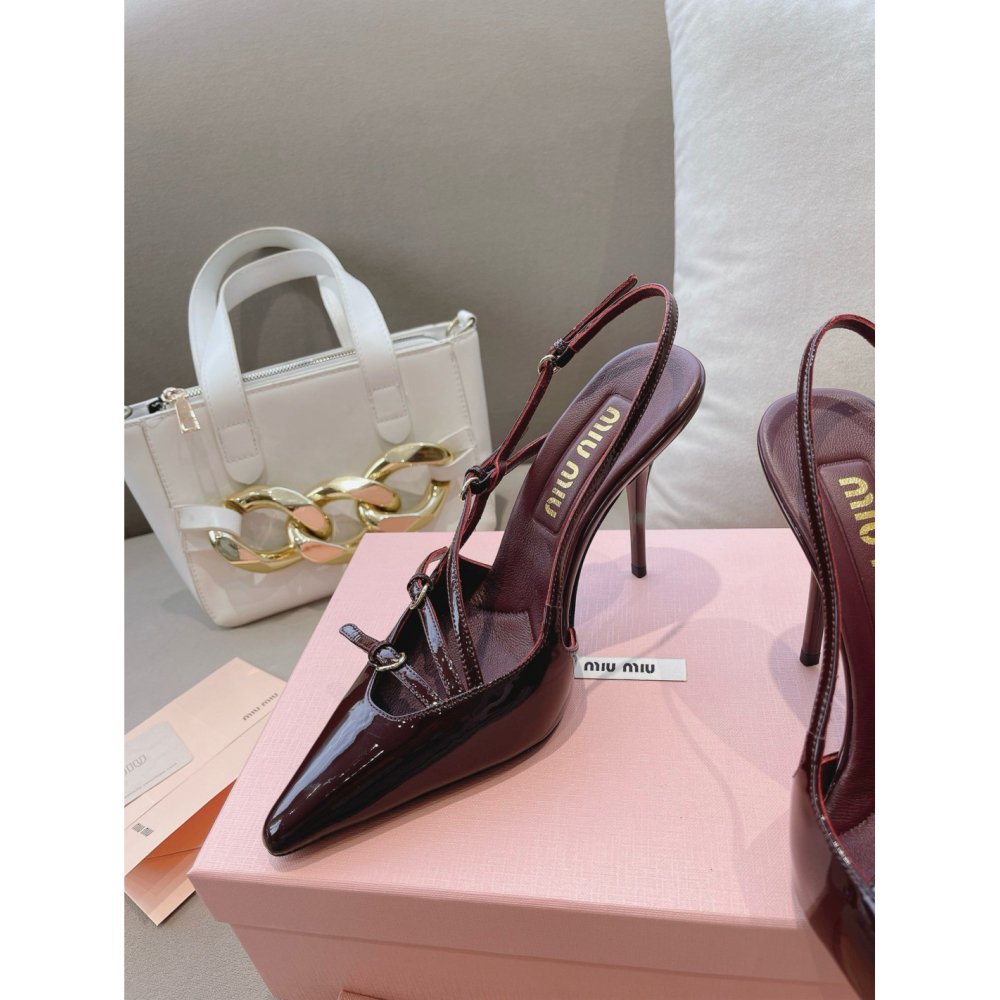 Cheap Reps Miu Miu Slingback Pumps 105mm in Bordeaux Patent Leather with Buckles