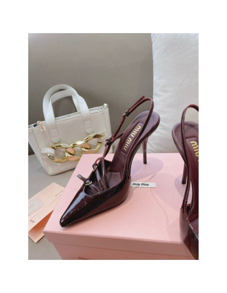 Cheap Reps Miu Miu Slingback Pumps 105mm in Bordeaux Patent Leather with Buckles