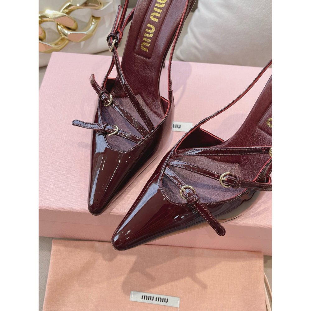 Cheap Reps Miu Miu Slingback Pumps 105mm in Bordeaux Patent Leather with Buckles