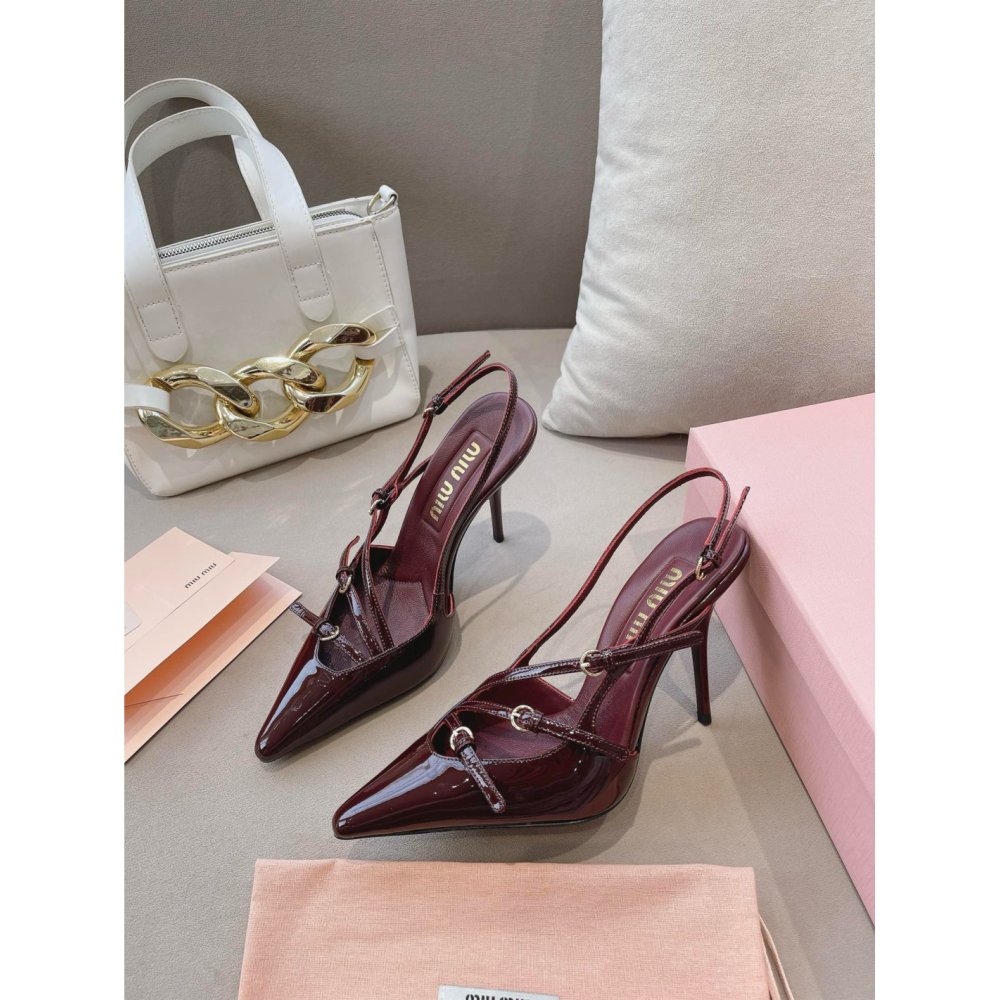 Cheap Reps Miu Miu Slingback Pumps 105mm in Bordeaux Patent Leather with Buckles