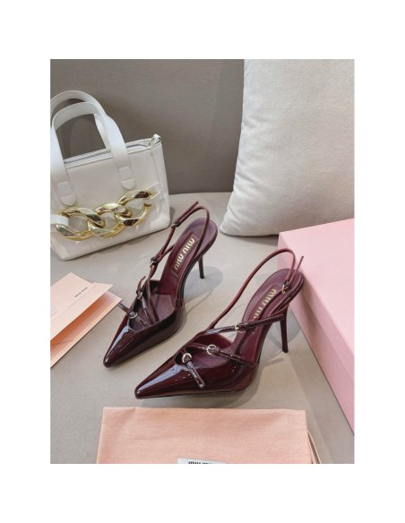 Cheap Reps Miu Miu Slingback Pumps 105mm in Bordeaux Patent Leather with Buckles