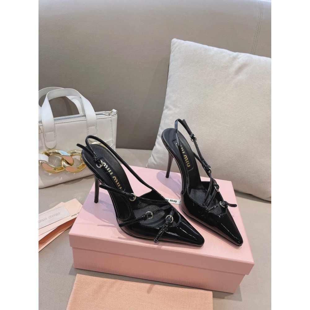 Cheap Reps Miu Miu Slingback Pumps 105mm in Black Patent Leather with Buckles
