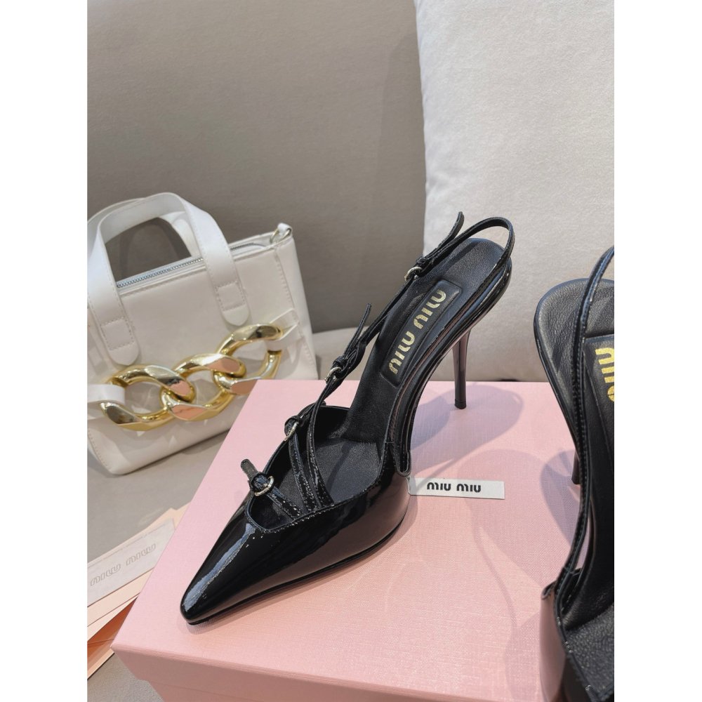 Cheap Reps Miu Miu Slingback Pumps 105mm in Black Patent Leather with Buckles