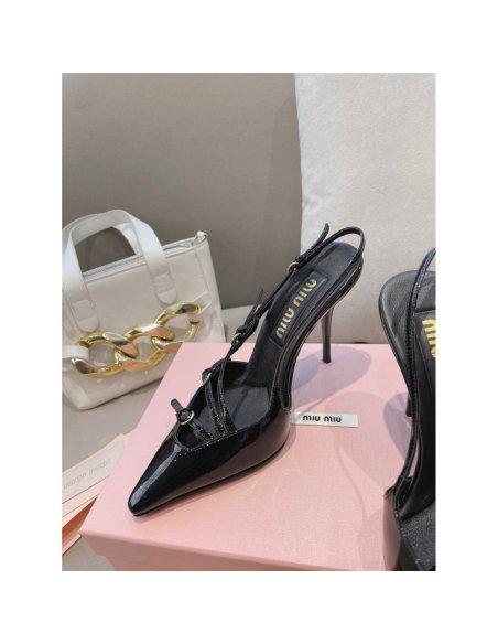 Cheap Reps Miu Miu Slingback Pumps 105mm in Black Patent Leather with Buckles