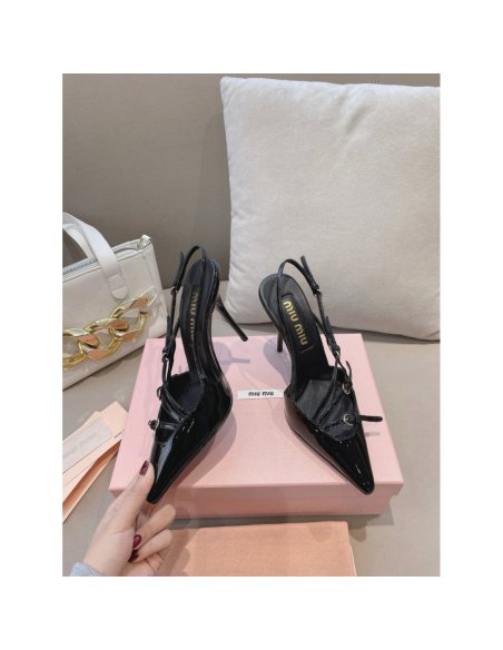 Cheap Reps Miu Miu Slingback Pumps 105mm in Black Patent Leather with Buckles