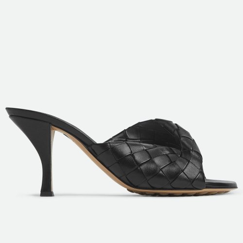 Cheap Reps Bottega Veneta Blink Mules 80mm in Black Intrecciato Lambskin