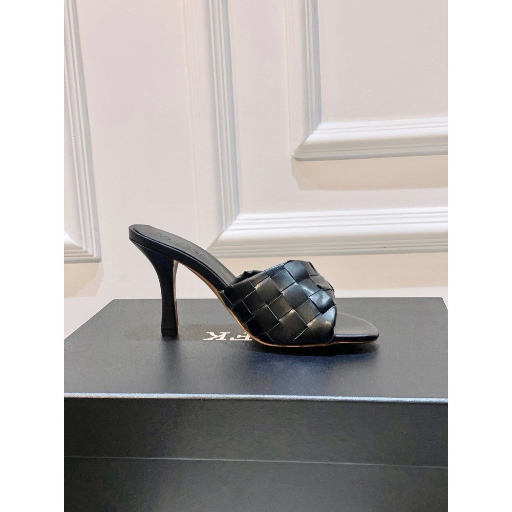 Cheap Reps Bottega Veneta Blink Mules 80mm in Black Intrecciato Lambskin