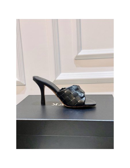 Cheap Reps Bottega Veneta Blink Mules 80mm in Black Intrecciato Lambskin