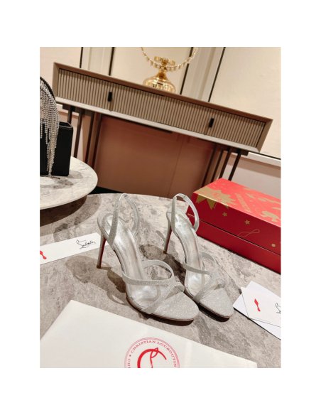 Cheap Reps Christian Louboutin Emilie 100MM Sandals In Silver Glittered Leather