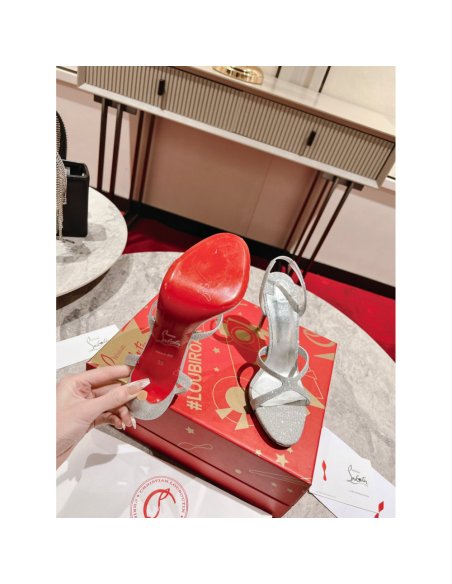 Cheap Reps Christian Louboutin Emilie 100MM Sandals In Silver Glittered Leather