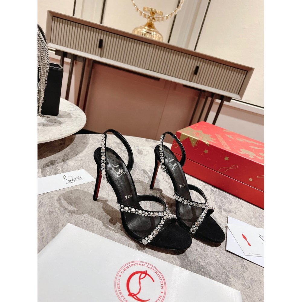 Cheap Reps Christian Louboutin Emilie Strass 100MM Sandals In Black Veau Velours