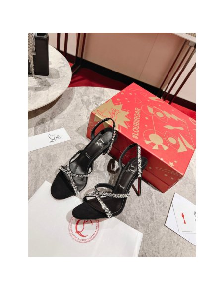 Cheap Reps Christian Louboutin Emilie Strass 100MM Sandals In Black Veau Velours
