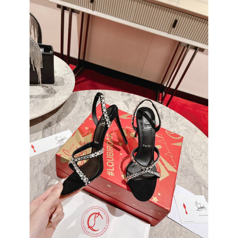 Cheap Reps Christian Louboutin Emilie Strass 100MM Sandals In Black Veau Velours