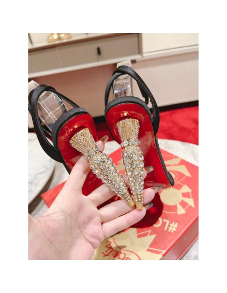 Cheap Reps Christian Louboutin Lipstrass Queen Sandals 100mm In Black Satin