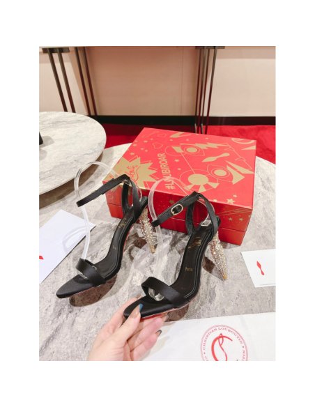 Cheap Reps Christian Louboutin Lipstrass Queen Sandals 100mm In Black Satin