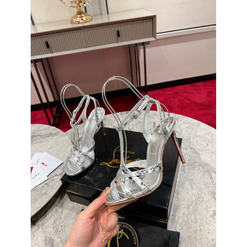 Cheap Reps Christian Louboutin Tangueva Strappy Sandals 100mm in Silver Leather