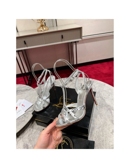 Cheap Reps Christian Louboutin Tangueva Strappy Sandals 100mm in Silver Leather