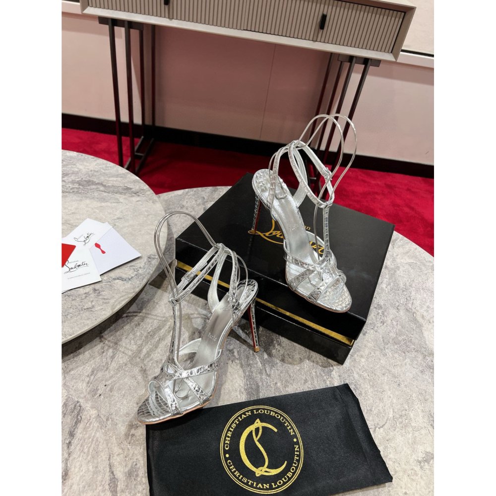 Cheap Reps Christian Louboutin Tangueva Strappy Sandals 100mm in Silver Leather