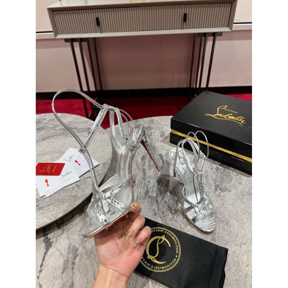 Cheap Reps Christian Louboutin Tangueva Strappy Sandals 100mm in Silver Leather