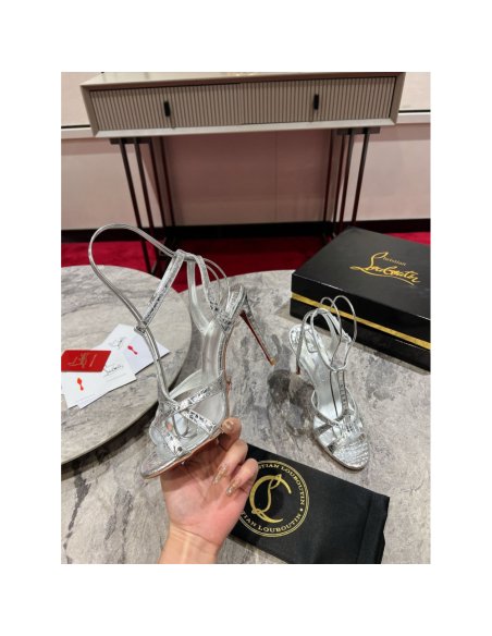 Cheap Reps Christian Louboutin Tangueva Strappy Sandals 100mm in Silver Leather