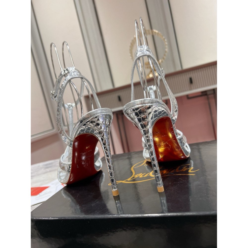 Cheap Reps Christian Louboutin Tangueva Strappy Sandals 100mm in Silver Leather