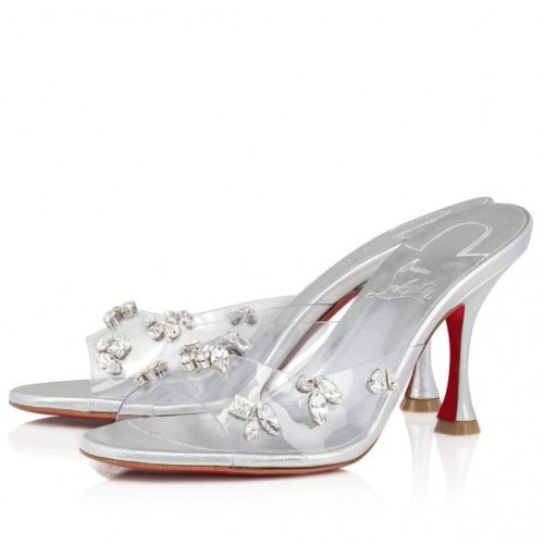 Cheap Reps Christian Louboutin Degraqueenie 85mm Mules in Silver Leather with Crystals