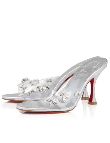 Cheap Reps Christian Louboutin Degraqueenie 85mm Mules in Silver Leather with Crystals