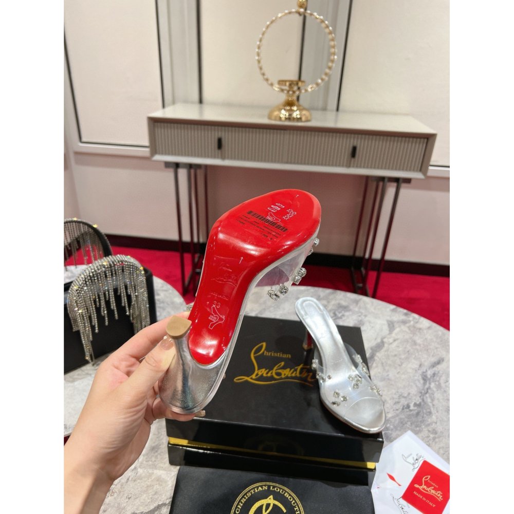 Cheap Reps Christian Louboutin Degraqueenie 85mm Mules in Silver Leather with Crystals