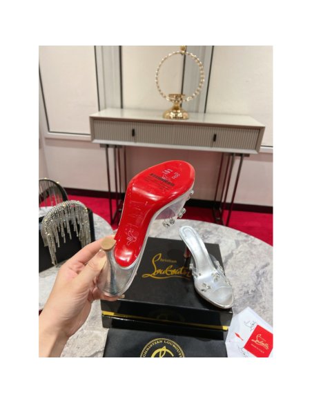 Cheap Reps Christian Louboutin Degraqueenie 85mm Mules in Silver Leather with Crystals