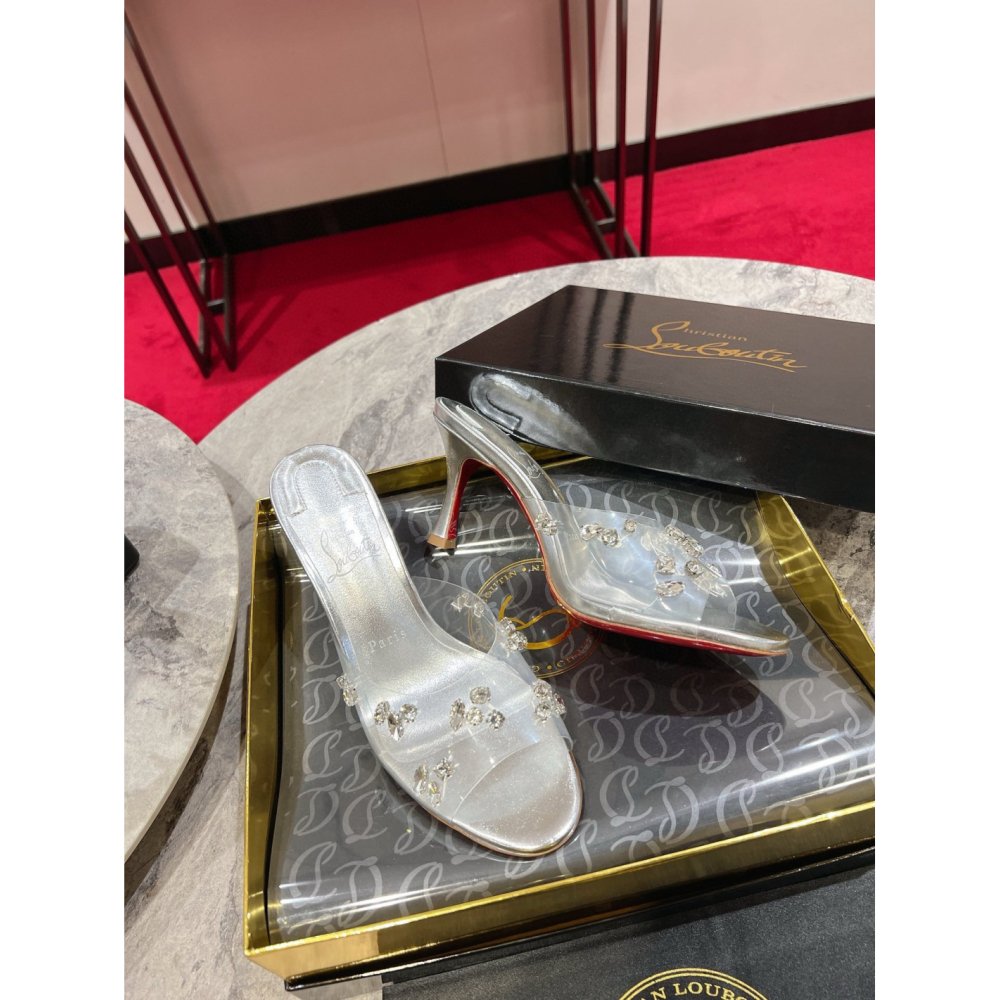 Cheap Reps Christian Louboutin Degraqueenie 85mm Mules in Silver Leather with Crystals