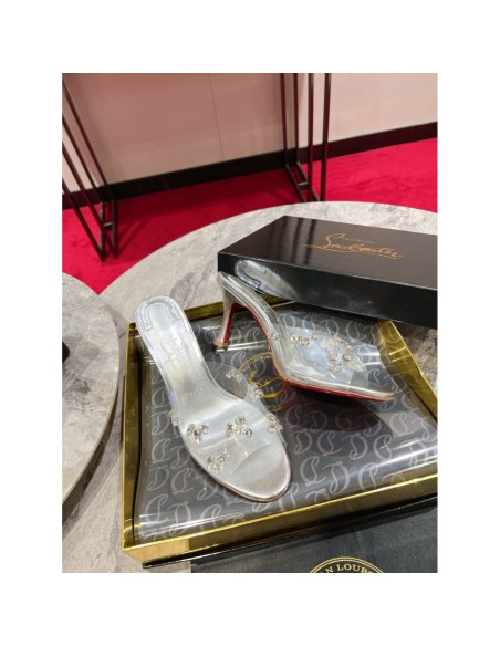 Cheap Reps Christian Louboutin Degraqueenie 85mm Mules in Silver Leather with Crystals