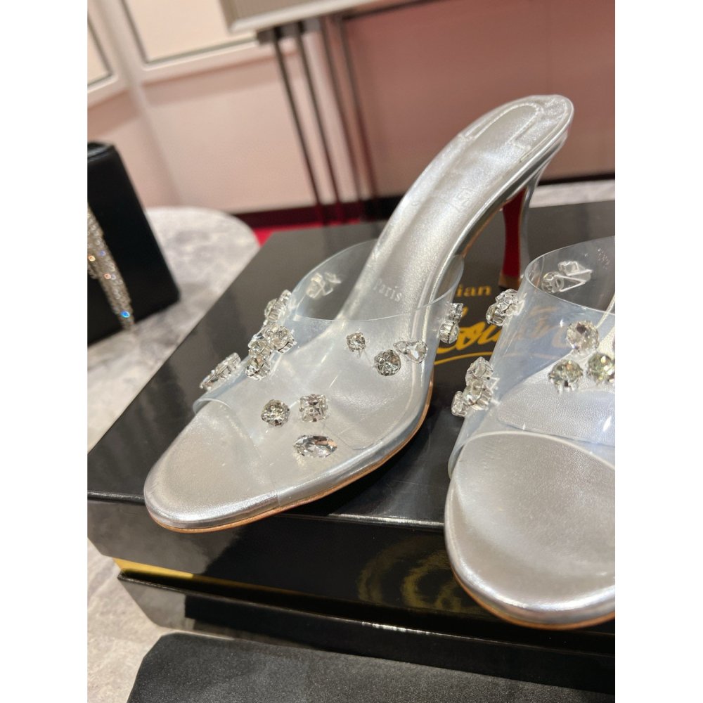 Cheap Reps Christian Louboutin Degraqueenie 85mm Mules in Silver Leather with Crystals