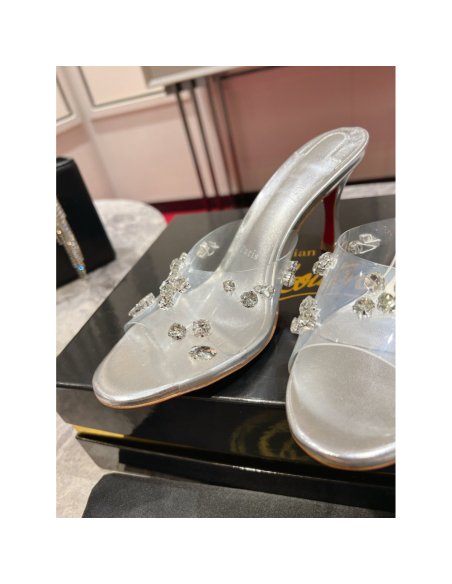 Cheap Reps Christian Louboutin Degraqueenie 85mm Mules in Silver Leather with Crystals