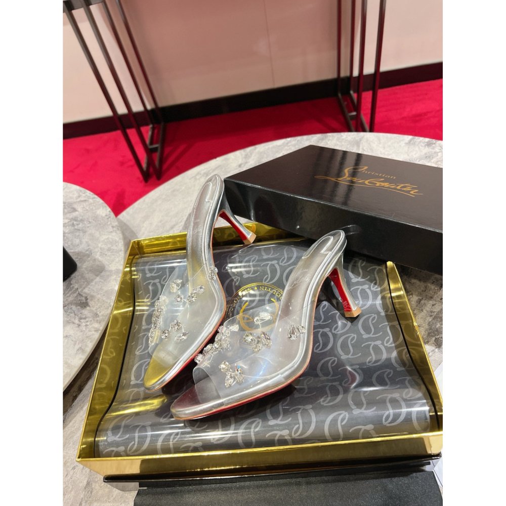 Cheap Reps Christian Louboutin Degraqueenie 85mm Mules in Silver Leather with Crystals