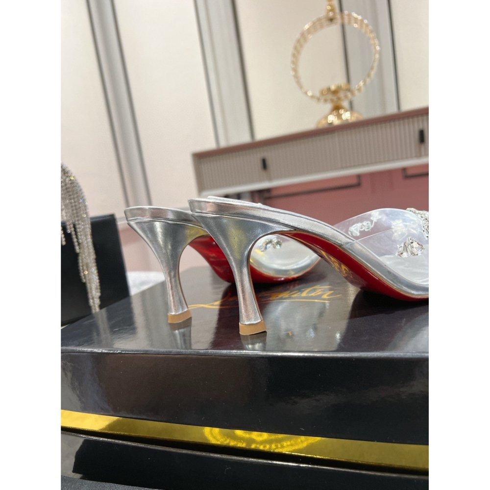 Cheap Reps Christian Louboutin Degraqueenie 85mm Mules in Silver Leather with Crystals