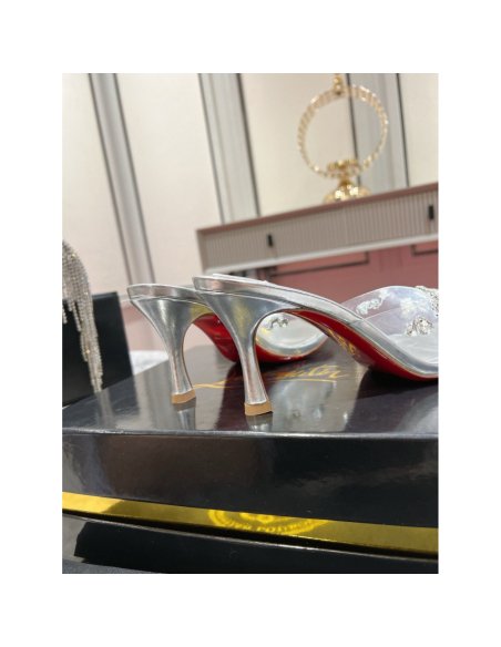 Cheap Reps Christian Louboutin Degraqueenie 85mm Mules in Silver Leather with Crystals