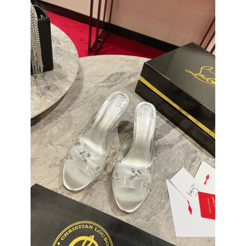 Cheap Reps Christian Louboutin Degraqueenie 85mm Mules in Silver Leather with Crystals