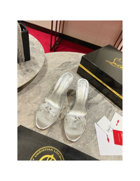 Cheap Reps Christian Louboutin Degraqueenie 85mm Mules in Silver Leather with Crystals
