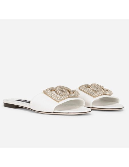Cheap Reps Dolce Gabbana White Slides with Rhinestone DG Logo